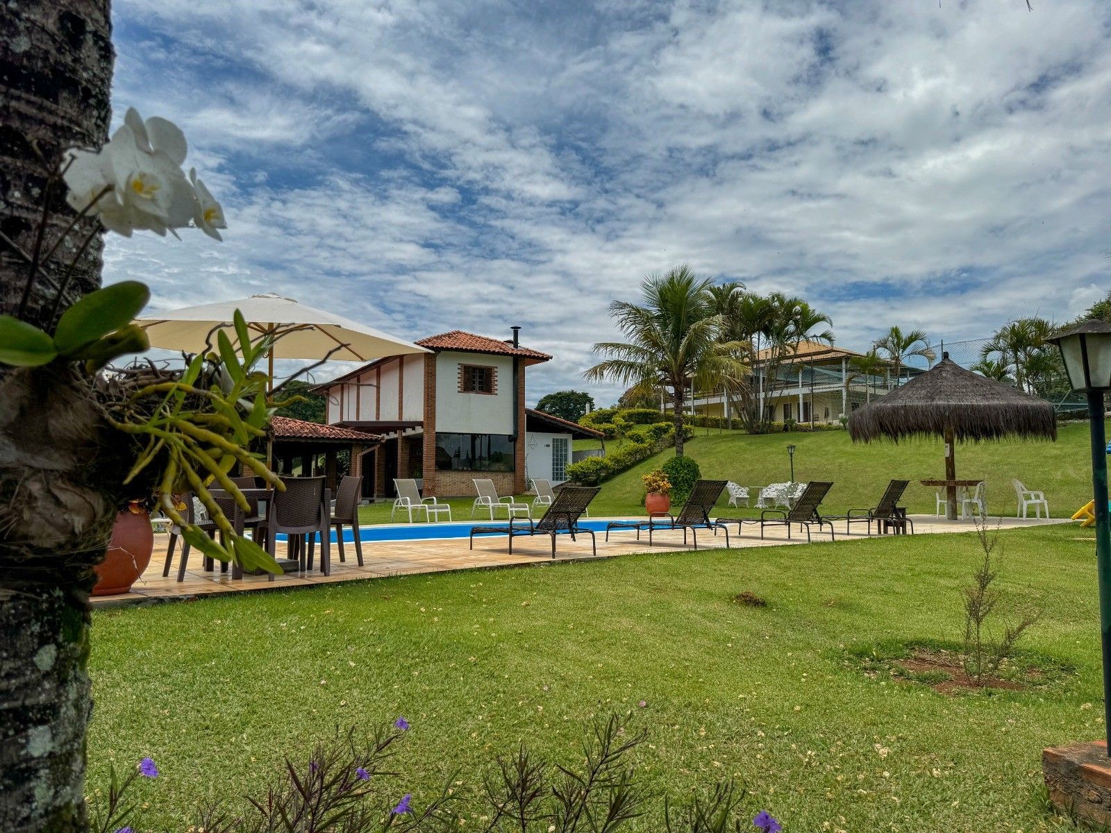 Gramado verdejante com piscina, espreguiçadeiras e construções sob um céu nublado.