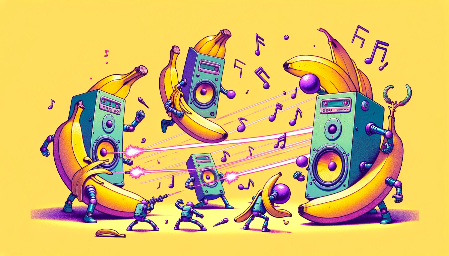 imagem de bananas lutando contra robôs em formato de caixa de som geradas por IA generativa