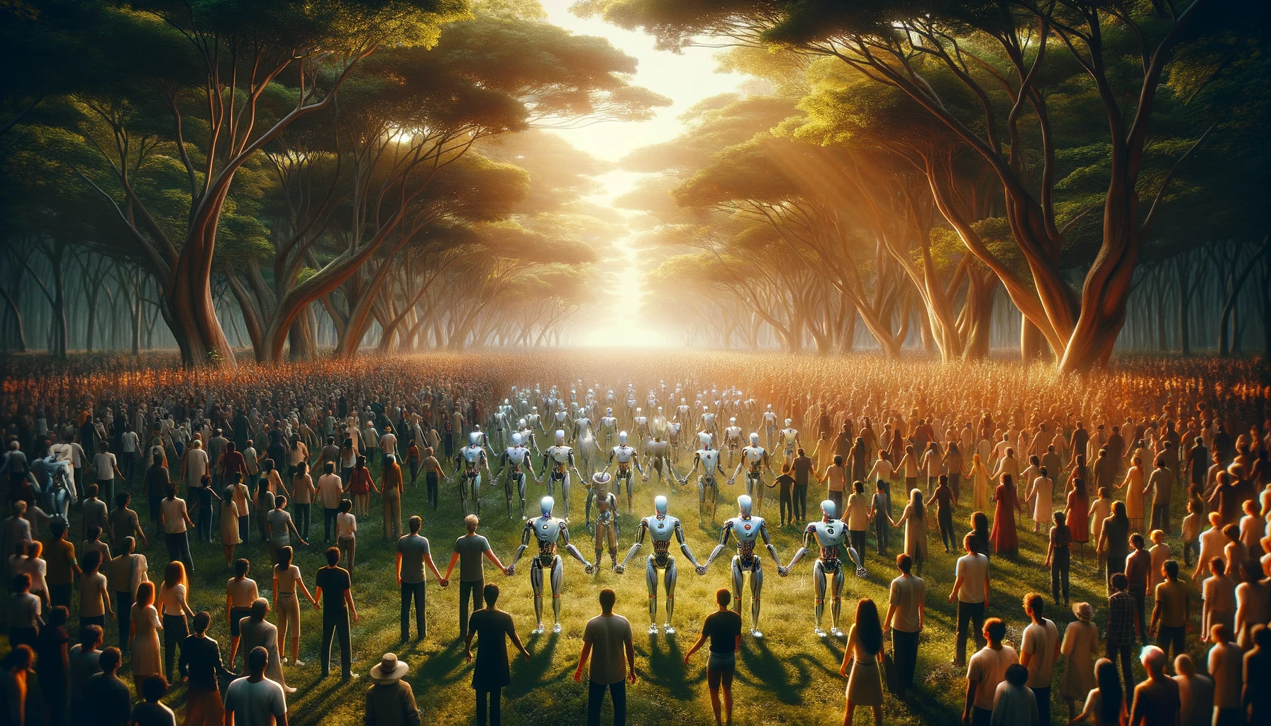 cena cinemática e épica, bem iluminada com uma multidão de pessoas e robôs humanóides que se parecem com pessoas de mãos dadas em um lugar que tenha natureza
