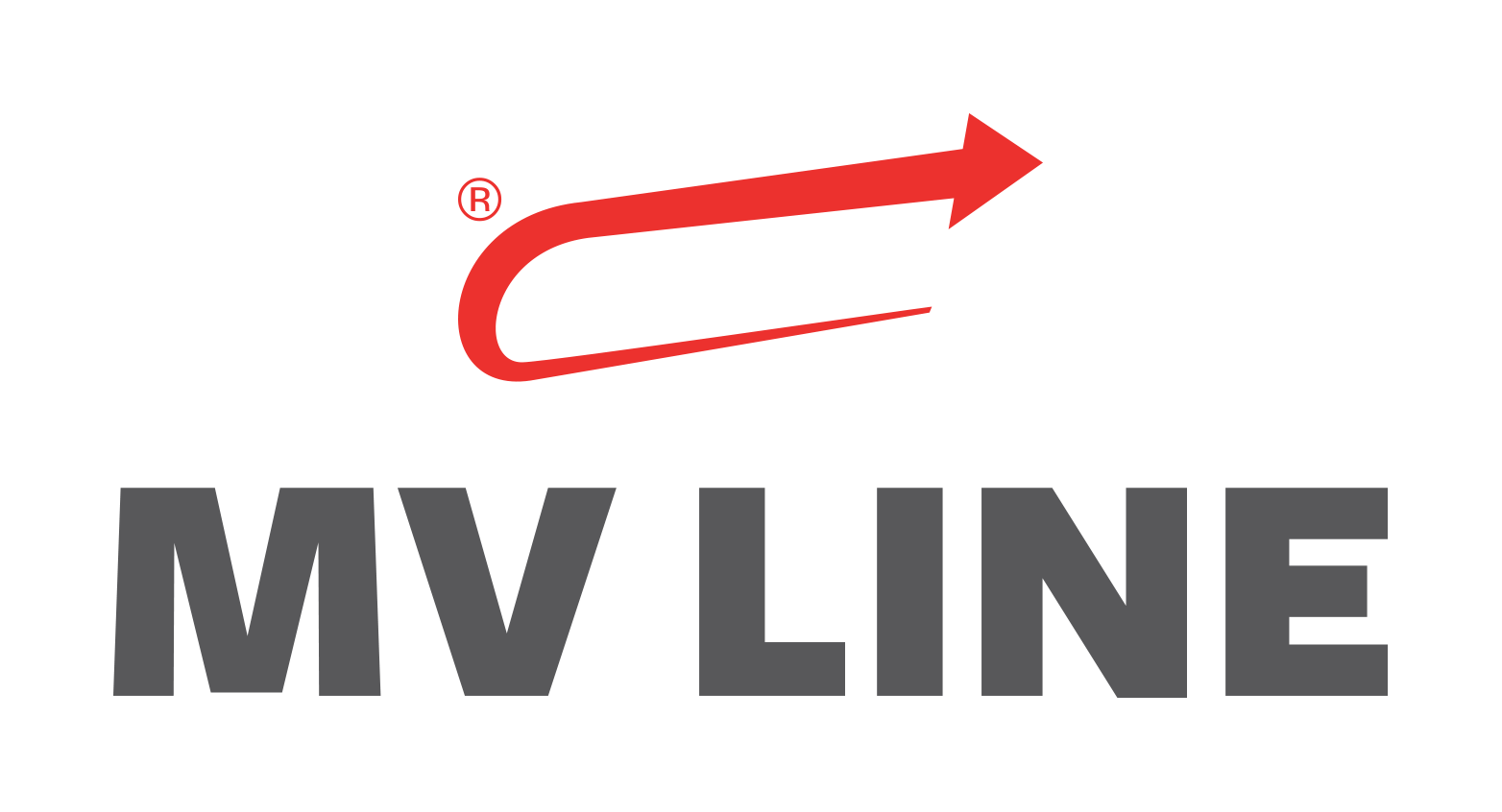 Logo MV Line con testo grigio e una freccia rossa che lo attraversa sopra.