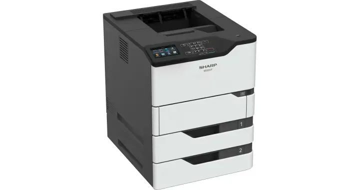 Black and white laser printer with three paper trays stacked below the printer's main body.