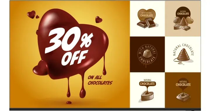 Chocolate promotion: 30% off. Heart-shaped chocolate with dripping design, set against an orange background, with chocolate logo samples.