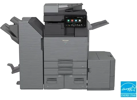 Gray Sharp multifunction printer with touch screen and paper trays.