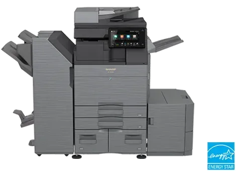 Gray and black Sharp multifunction printer with paper trays and a touch screen interface, Energy Star certified.