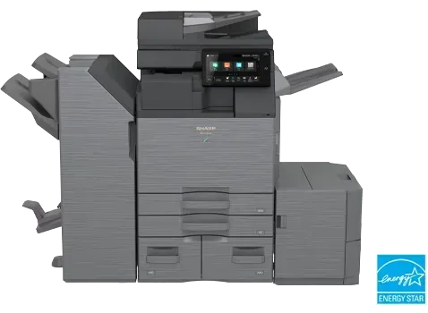 A large, gray Sharp multifunction printer with a touchscreen display and paper trays.