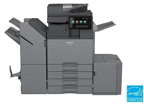 Multifunction printer, dark gray, with touchscreen control panel, Energy Star logo.