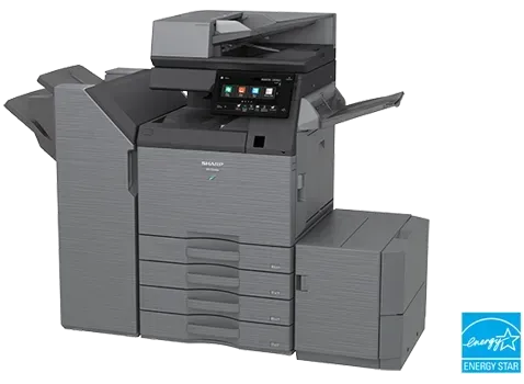 Multi-function office printer with touch screen, document feeder, and paper trays. Gray.