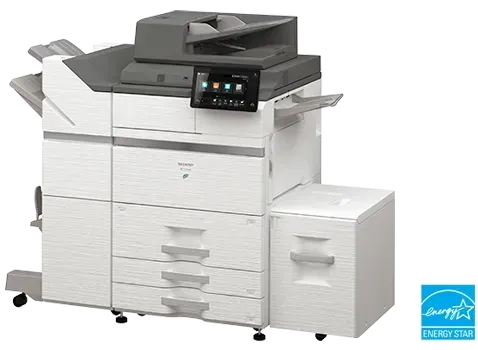 Multifunction color printer with paper trays, touchscreen, and document feeder.  White and gray. Energy Star.