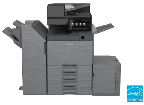 Large black and gray office copier with multiple paper trays and touch screen display.