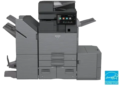 A large, gray Sharp multifunction printer with paper trays, control panel, and Energy Star logo.