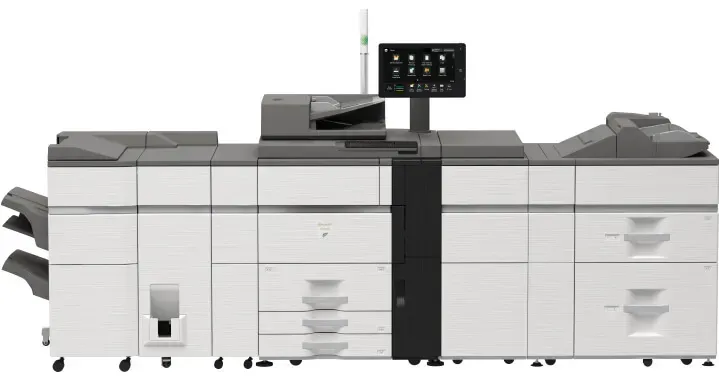 Gray Sharp multifunction printer with touch screen and paper trays.
