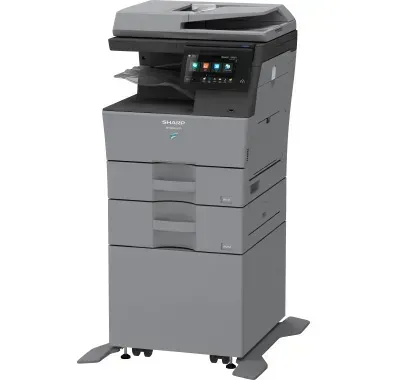Gray Sharp multifunction printer with touch screen and paper trays.