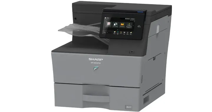 Gray Sharp multifunction printer with touch screen and paper trays.