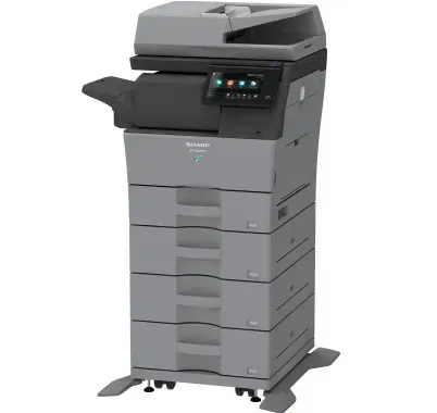 Gray Sharp multifunction printer with touchscreen control panel and paper trays.