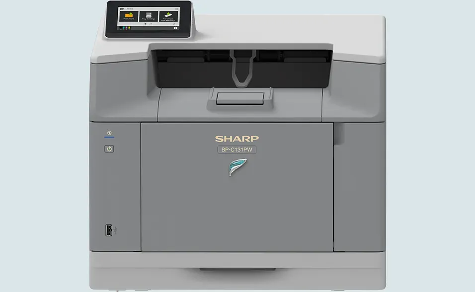 Sharp BP-20C25 copier/printer. Gray and white machine with touch screen display.