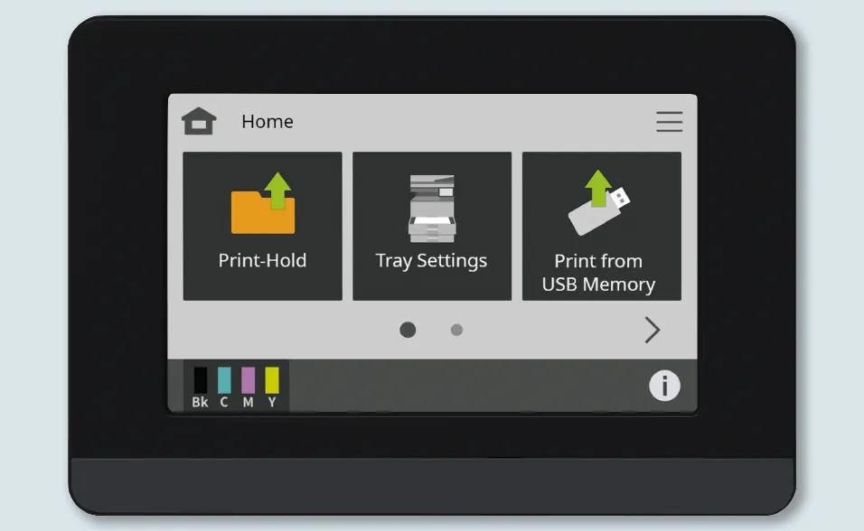 Printer home screen displaying options: Print-Hold, Tray Settings, and Print from USB Memory.