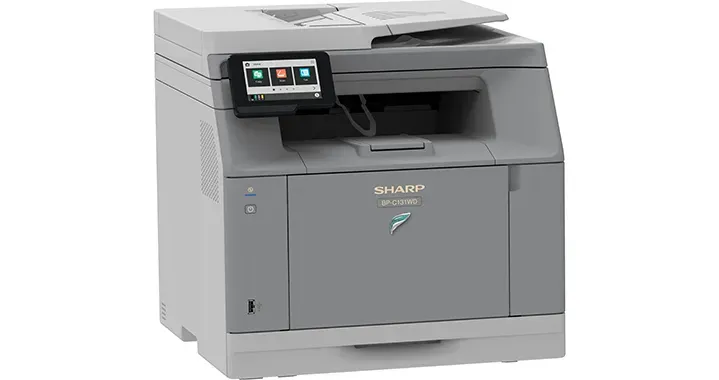 A Sharp multifunction printer with a touchscreen display, grey and white color scheme.