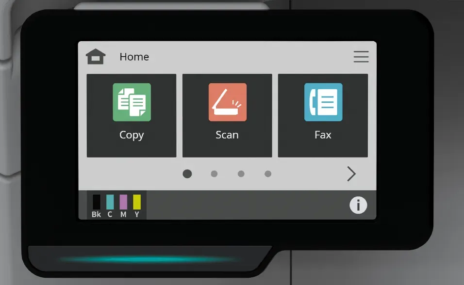 A printer's home screen with copy, scan, and fax icons.