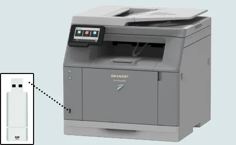 A Sharp printer with a USB drive inserted. The printer is grey and has a touchscreen.