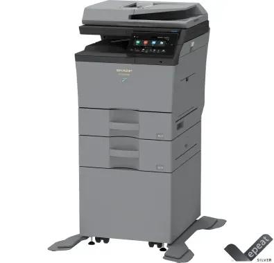 A tall gray Sharp multi-function printer with paper trays, control panel, and base, against a white background.