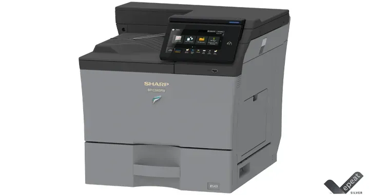 A Sharp MX-C305W color printer, gray and black, with a touchscreen control panel.