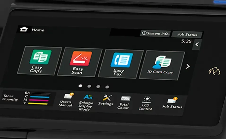 Touchscreen panel of a printer with icons for easy copy, scan, fax, and card copy, black background.