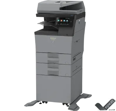 Gray Sharp office multifunction printer with touchscreen control panel.