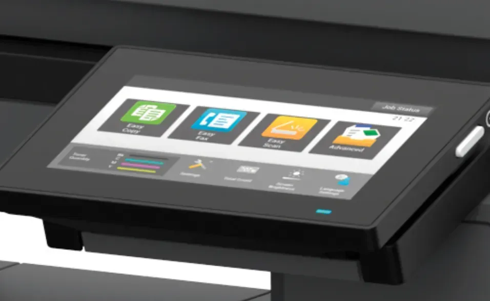 Multifunction printer touch screen showing scanning, faxing, and copy options.