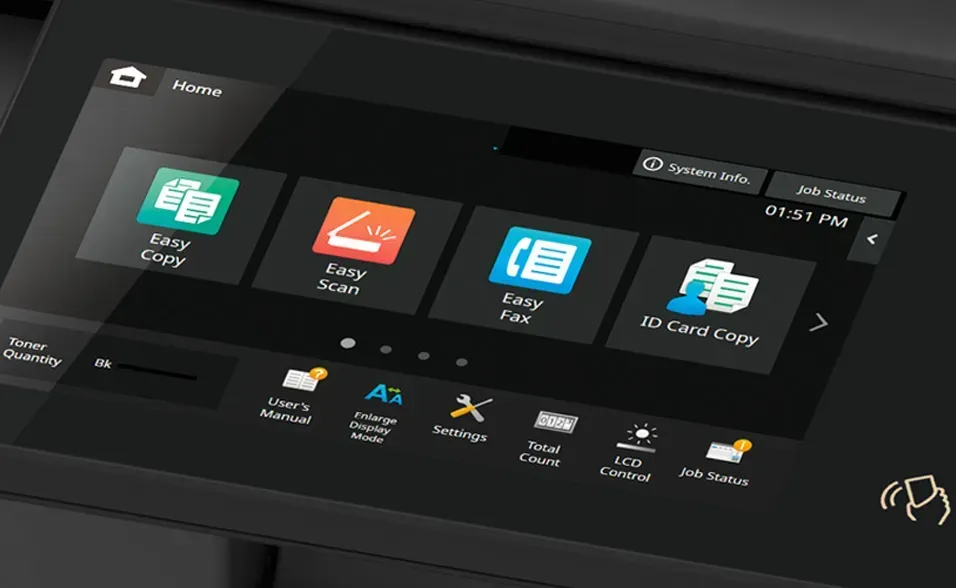 Touchscreen panel of a printer showing options: Easy Copy, Easy Scan, Easy Fax, and SD Card Copy.