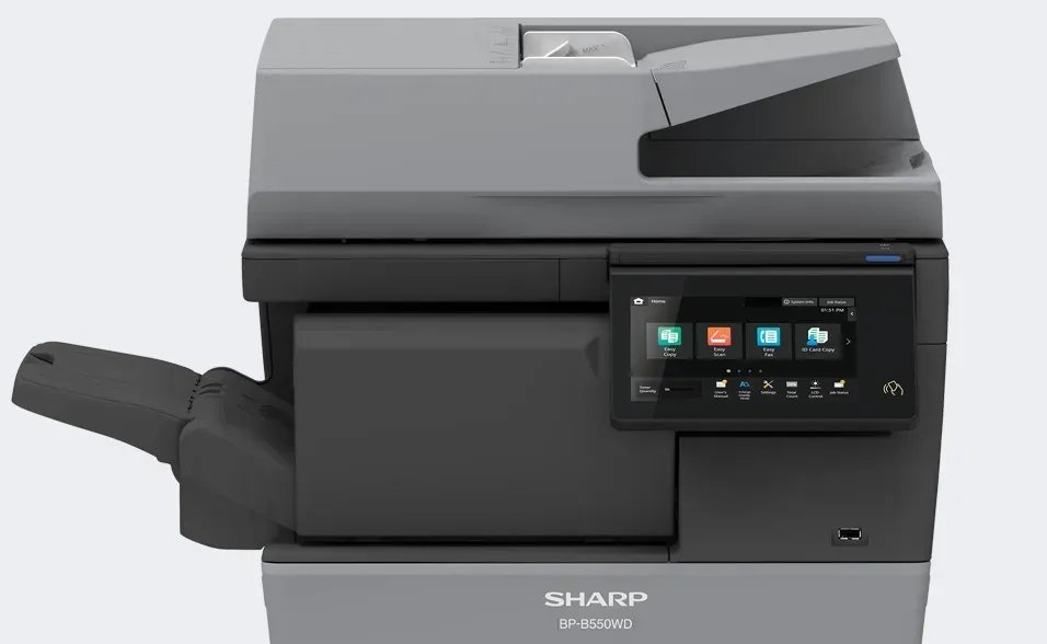 Sharp multifunction printer with touch screen, gray and black.