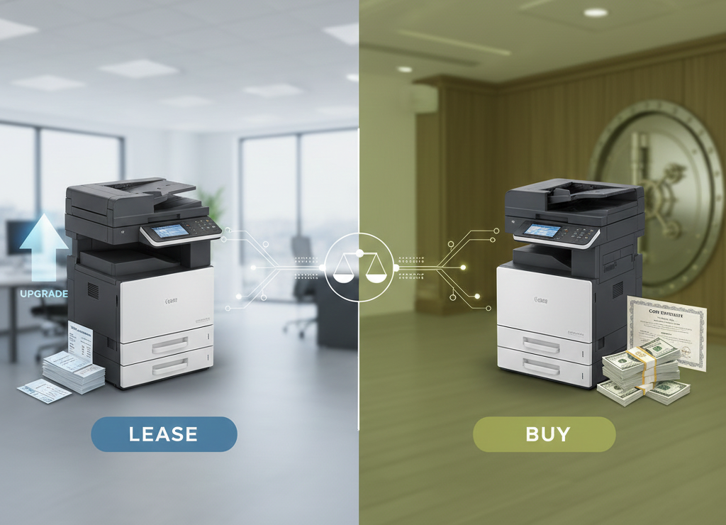 Comparison of a printer leased (office) and bought (vault), with paper stacks and networking icons.