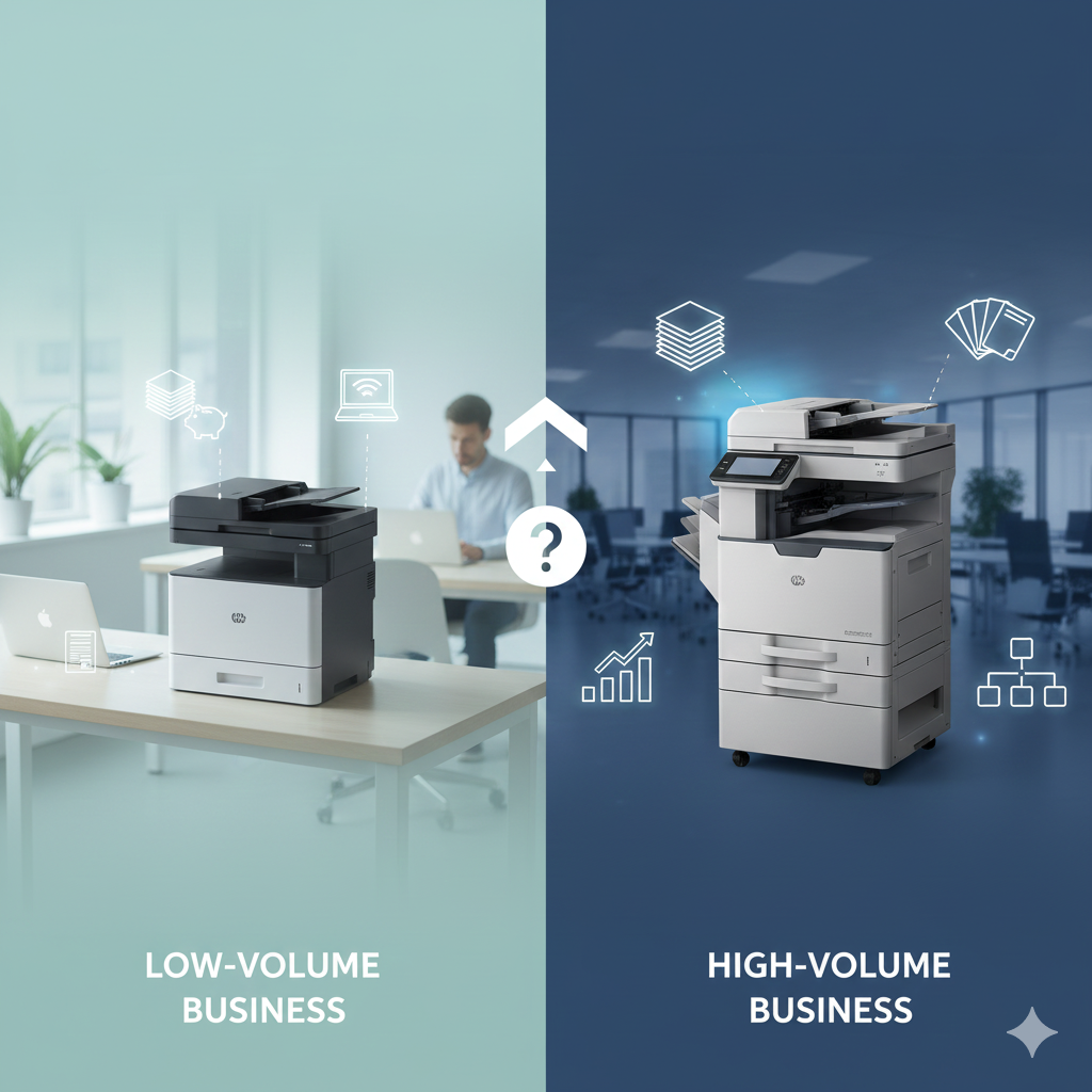 Comparison of office printer options for low- and high-volume businesses. Each side shows a printer and a setting with icons.