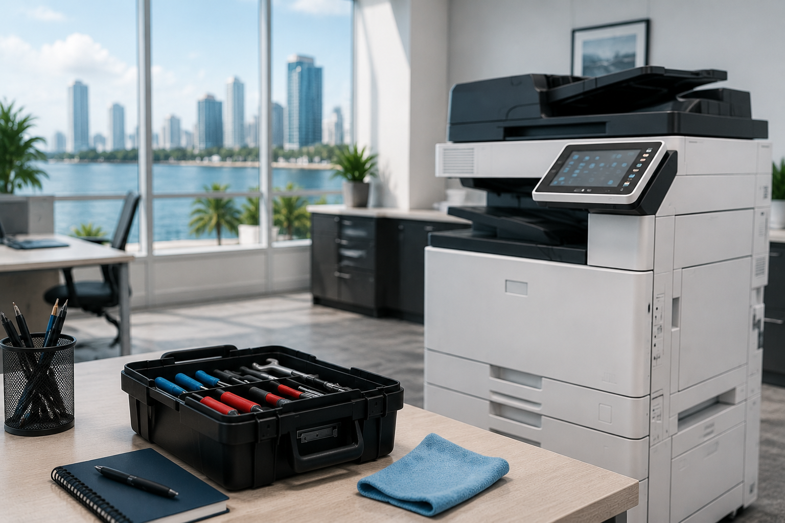 Modern Tampa Bay office workspace with commercial copier and maintenance tools on desk