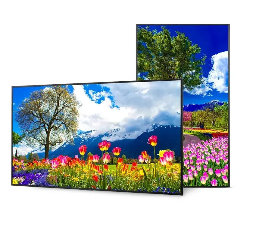 Two rectangular screens displaying vibrant nature scenes: a flower field with mountains and a sunny tree.