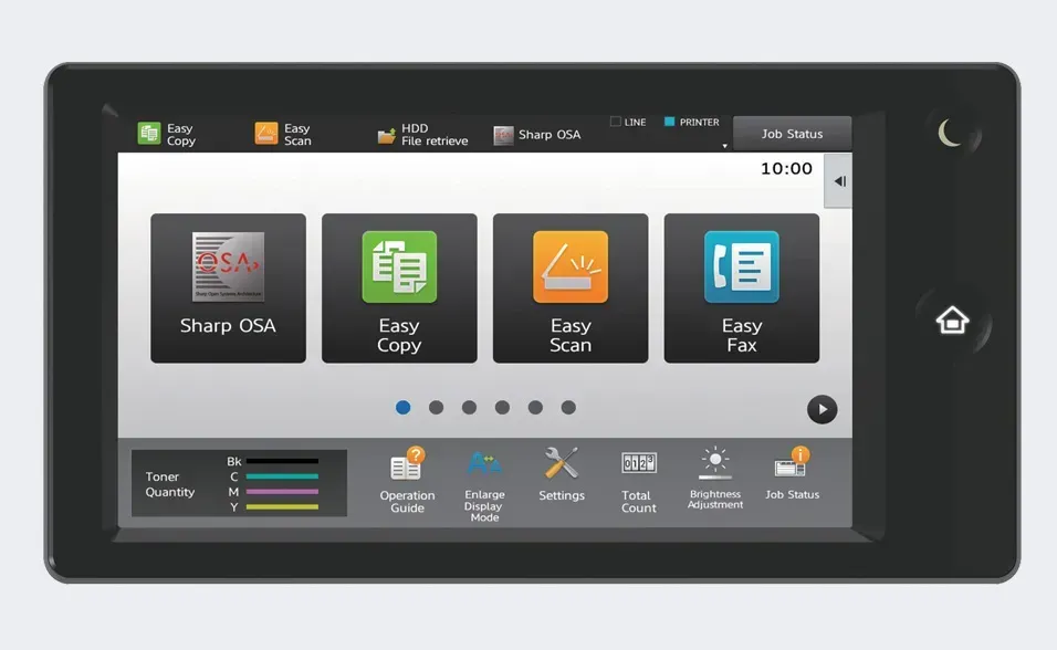 Touchscreen interface with icons for copy, scan, fax, and more. Time displayed: 10:03.