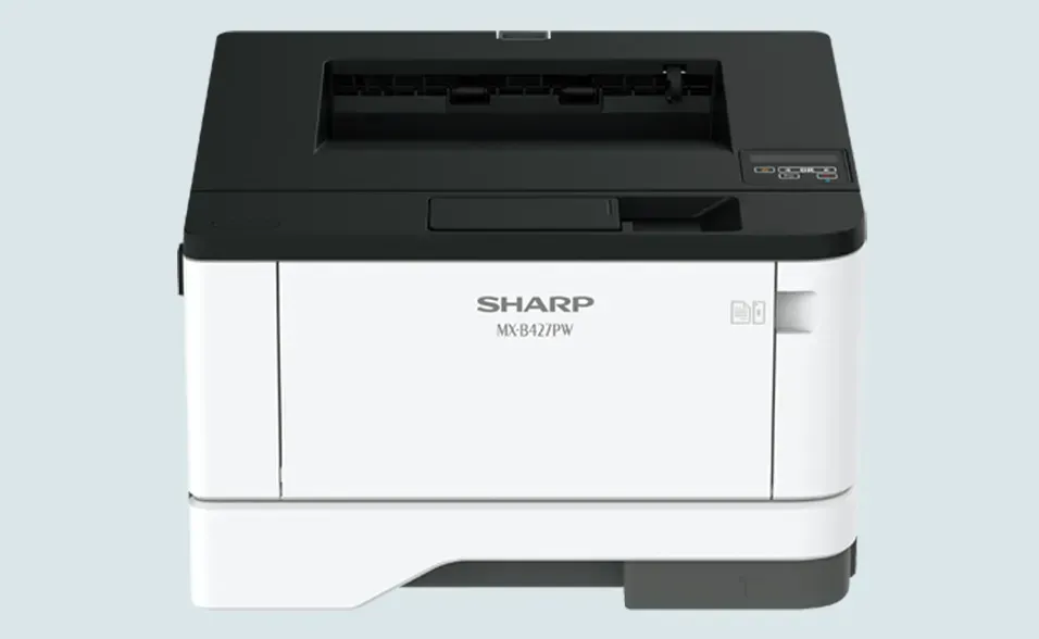 Sharp MX-B427W black and white laser printer. White body, black top.