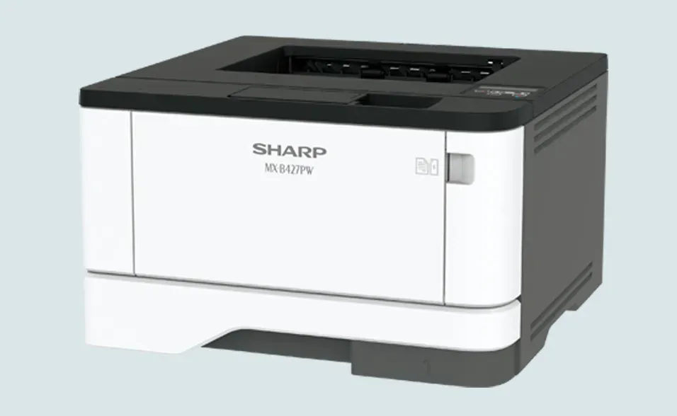 Sharp monochrome laser printer. White and black, small size, front view.