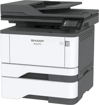 A Sharp MX-B427W multifunction printer, white and gray, with a document feeder and control panel.