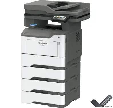 Sharp multi-function printer, white and gray, with stacked paper trays and control panel on top.