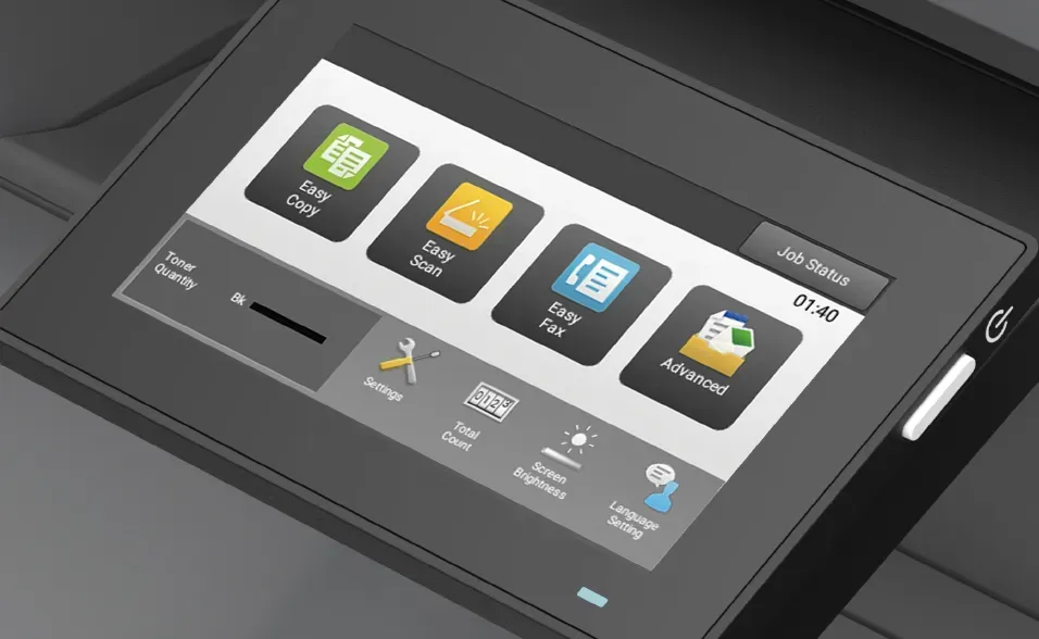 Touchscreen printer control panel with icons for copy, scan, fax, and jobs.