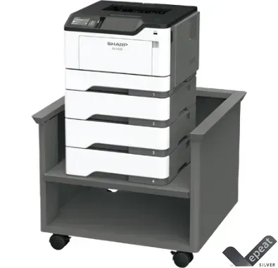 A tall gray printer on a mobile gray cart, set in a white office, with black wheels.