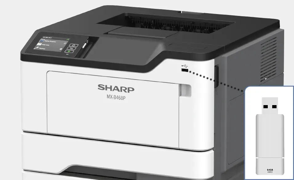 Sharp KX-5102P printer with USB port and a USB flash drive. White and gray.