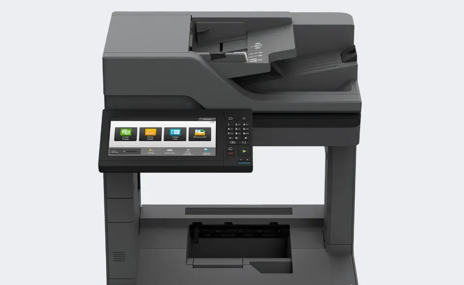 Multifunction black printer with a touchscreen control panel.
