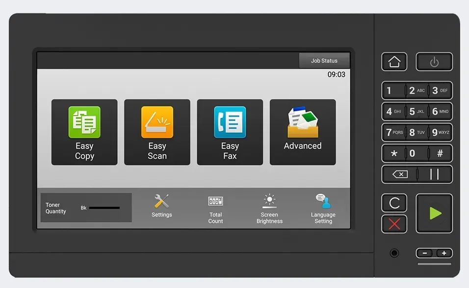 Multifunction printer interface with copy, scan, fax, and advanced options. Black frame with touch screen.