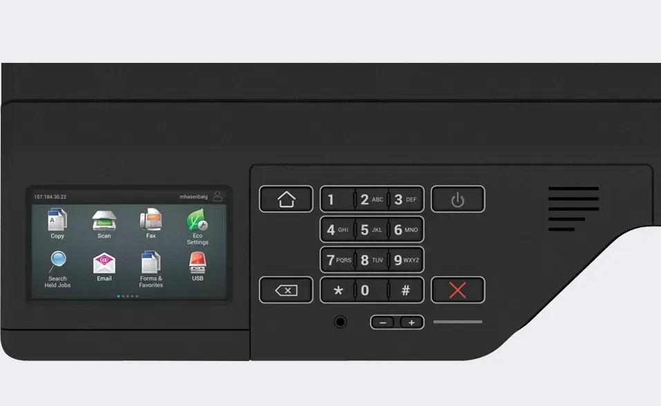 Close-up of a black printer control panel with touchscreen, number pad, and function buttons.