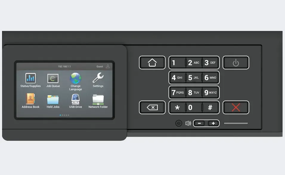 Control panel with touchscreen display and keypad for device operation.