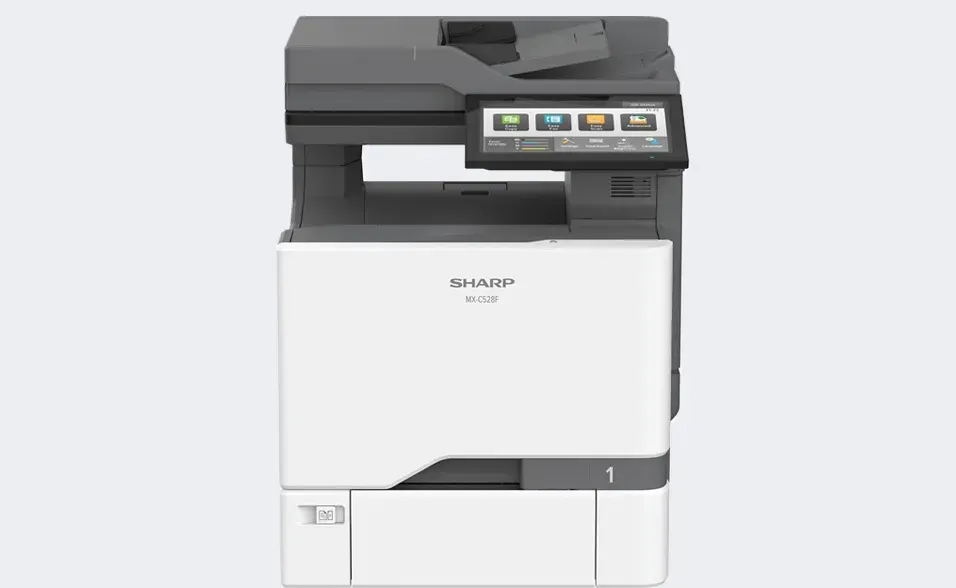 A white and gray Sharp color laser multifunction printer with a touchscreen control panel.