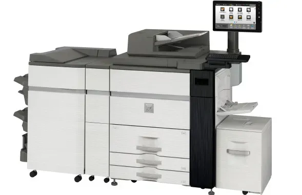 Gray Sharp multifunction printer with touch screen and paper trays.