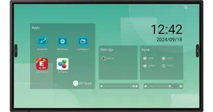 Interactive display screen showing app icons, clock, settings, and media controls.
