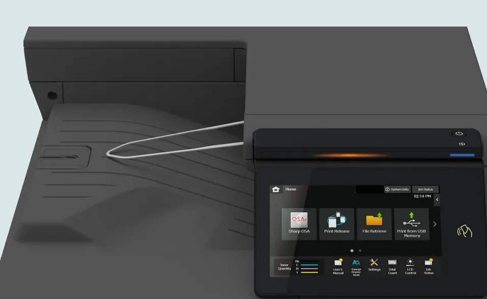 Black printer control panel, touchscreen showing icons, with open paper tray on top.